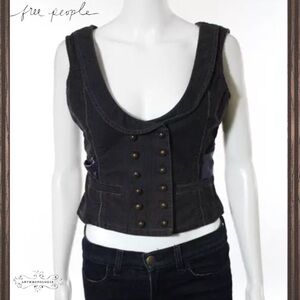 FREE PEOPLE Rare Charcoal Grey Button Front Ribbon Tie Back Vest Top